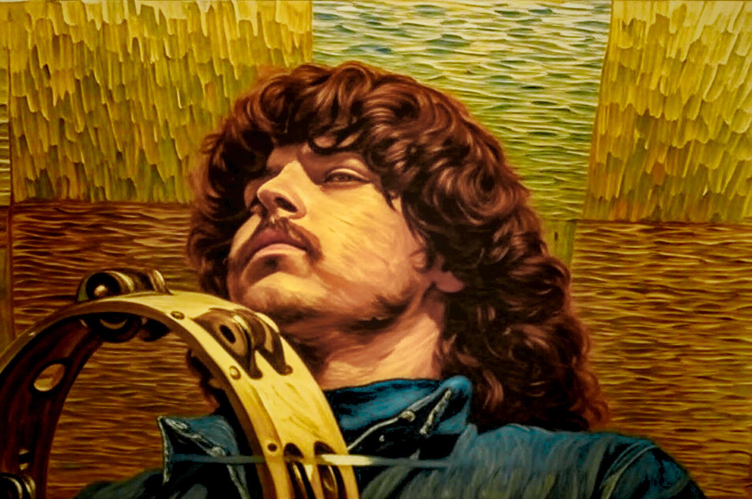 Surfing the Interstates Chapter 2 - Turn On Your Love Light: Discovering the luminous kindness and psychedelic consciousness of 1970s road culture through the Grateful Dead's spirit. Ron "Pigpen" McKernan in stylized portrait with tambourine, golden swirli