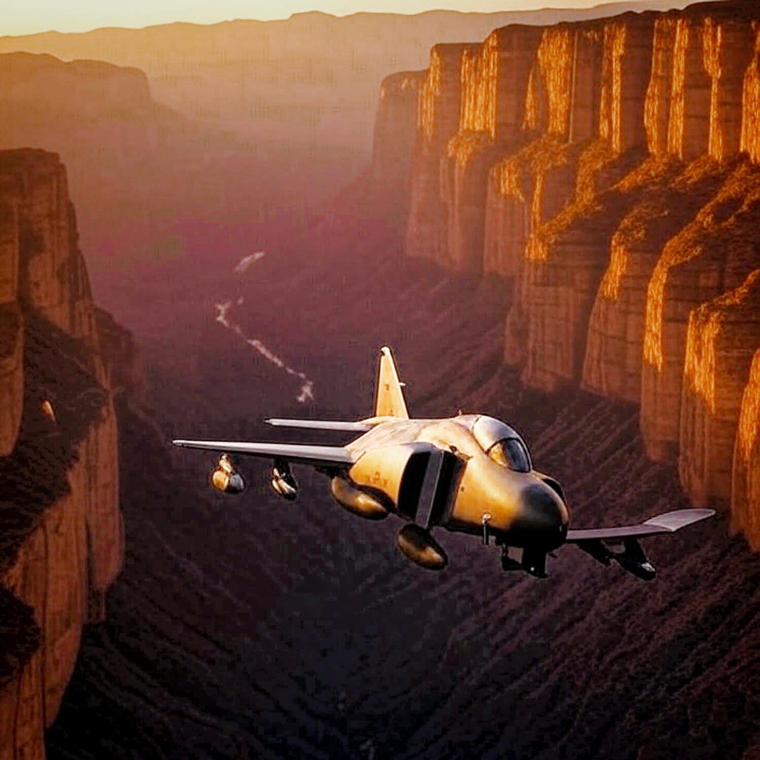 Surfing the Interstates Chapter 16 - Phantom Ships: Military F-4 Phantom jet flying through golden canyon at twilight, towering rock walls bathed in sunset light. The hitchhiker returns transformed, carrying ghost vessels of war and memory across the thres