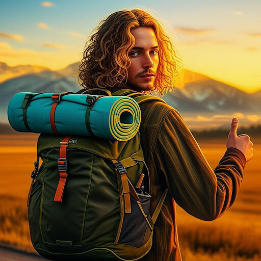 Surfing the Interstates Chapter 1 - Thumb Out: A 21-year-old's 4,000-mile hitchhiking odyssey across 1973 America begins with an outstretched thumb and stolen $80. Young man with curly hair and backpack hitchhiking at golden sunset.