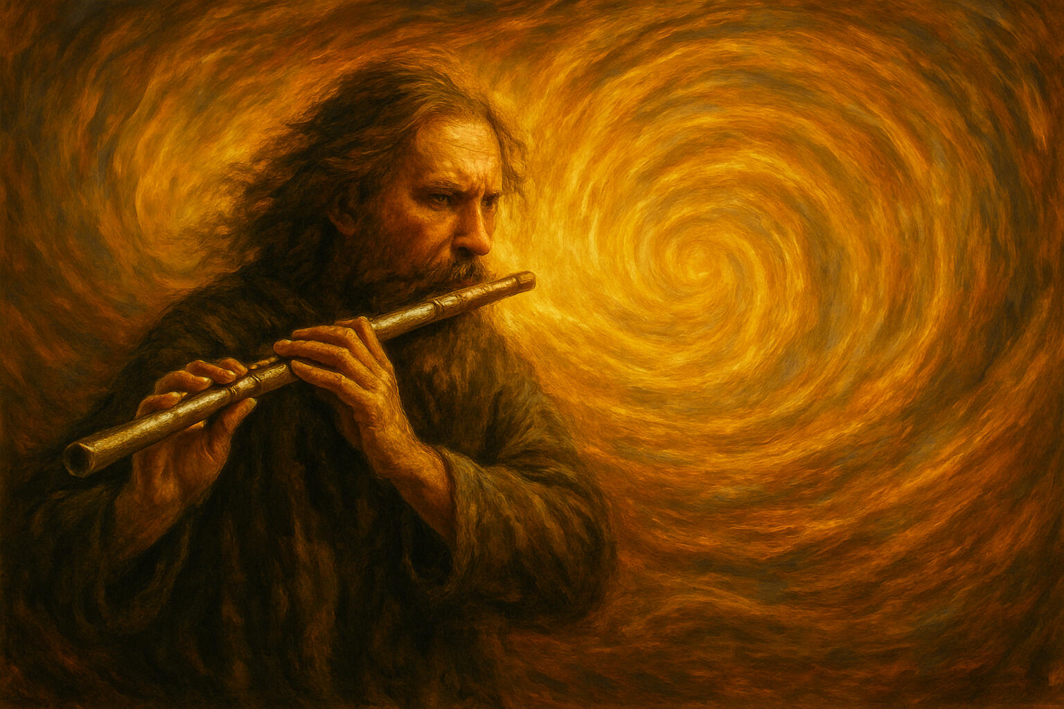 Surfing the Interstates Chapter 3 - The Kindness of Strangers: Trust, vulnerability collide when anonymous drivers become unlikely saviors across America's highways. Bearded man playing flute in swirling golden vortex, channeling Ian Anderson of Jethro Tul