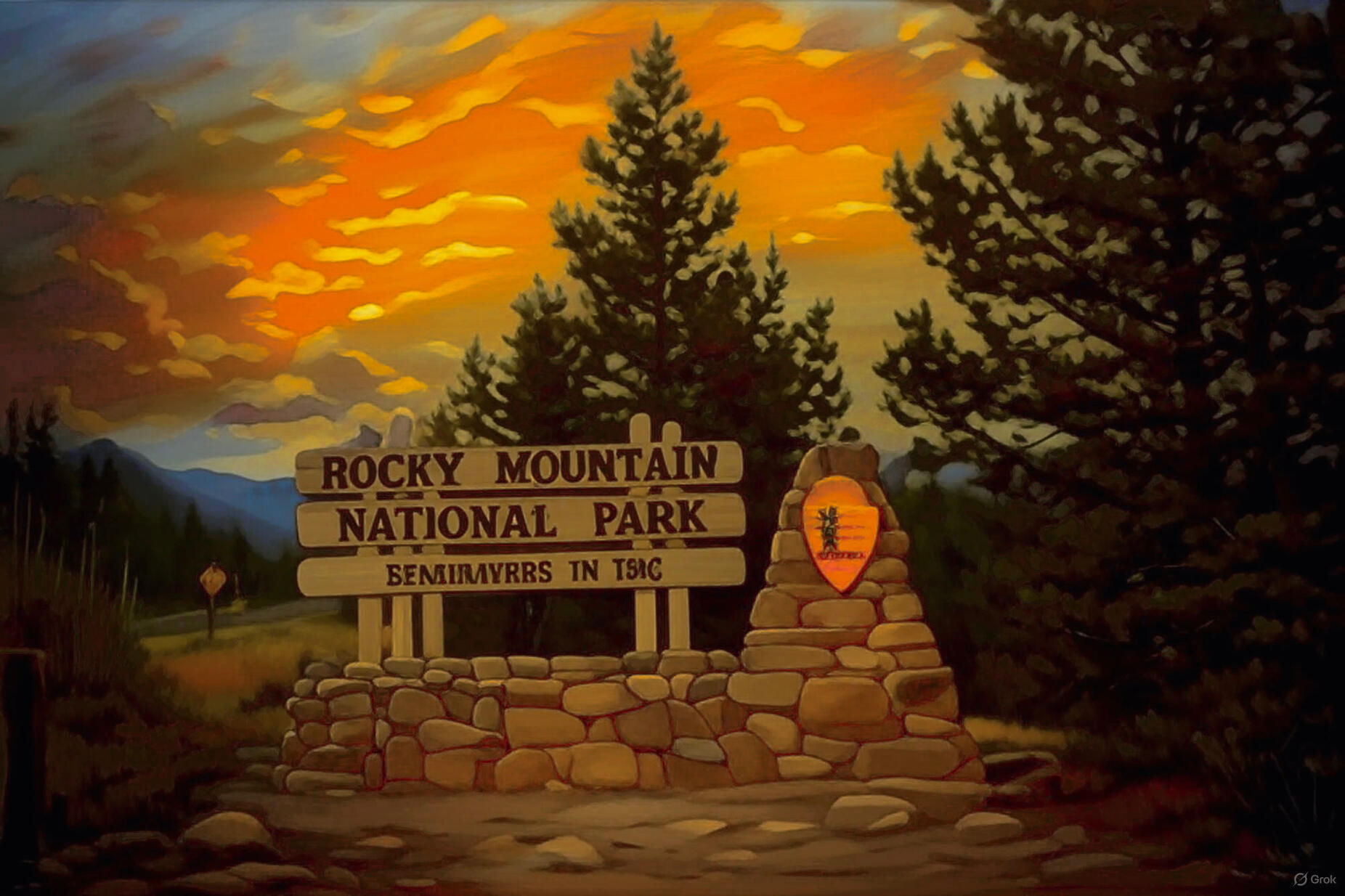 Surfing the Interstates Chapter 4 - The Price of Paradise: Rocky Mountain National Park entrance sign at golden sunset with evergreen forest, where California dreaming meets harsh reality as everything has a price tag