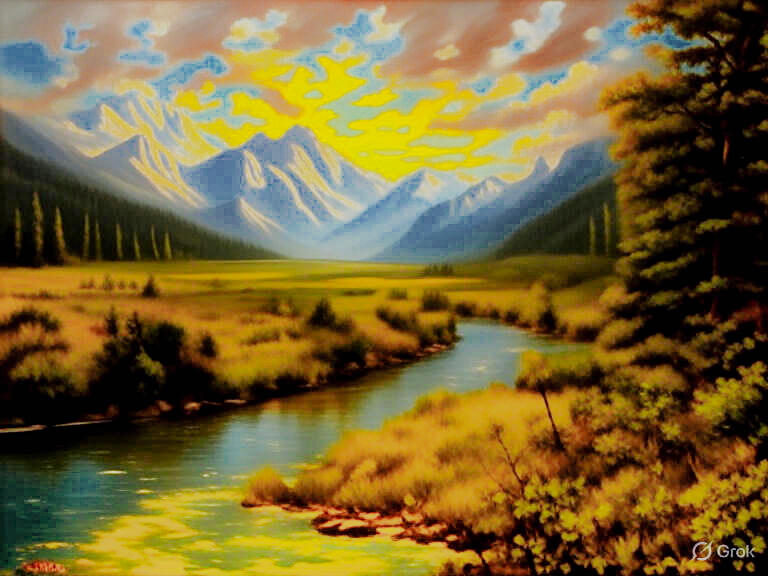 Surfing the Interstates Chapter 5 - The Frequency of Freedom: Mountain valley with winding river through golden meadows and snow-capped peaks at dramatic sunset. Tuning into alternative wavelengths of existence among communes, mystics, and seekers in 1973