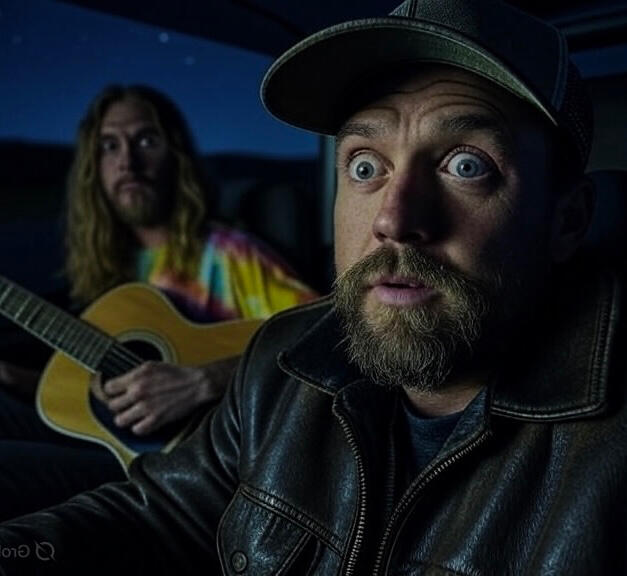 Surfing the Interstates Chapter 6 - The Solitary Push: Frightened man in leather jacket and cap with wide-eyed paranoid stare, ghostly figure with guitar haunting the darkness behind him. When rides run out and companions disappear, the hitchhiker faces is