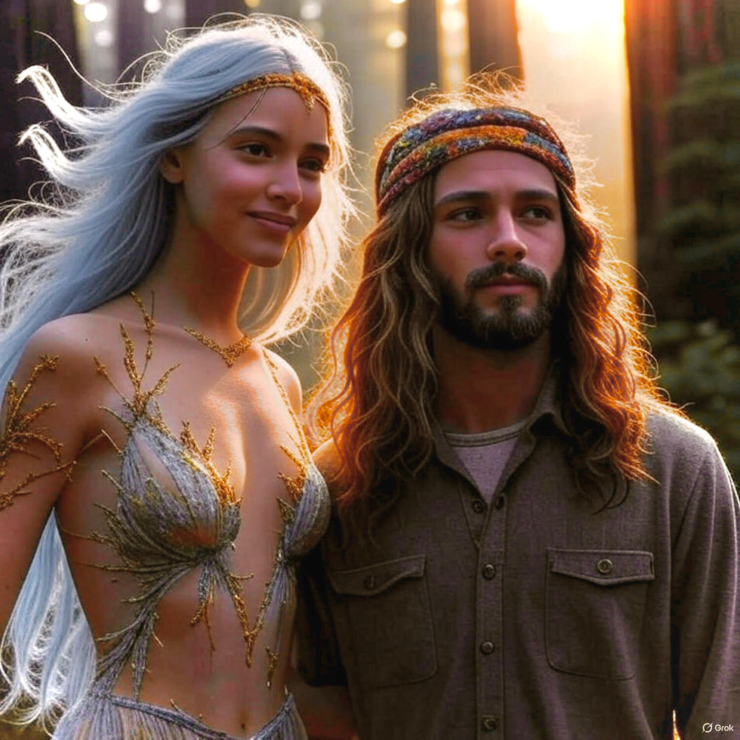 Surfing the Interstates Chapter 8 - Sasha Among the Giants: Ethereal woman with silver hair in botanical dress and bearded hippie man with headband in Richardson Grove's redwood forest at golden hour. Sacred peyote ceremony with a woman who speaks the anci