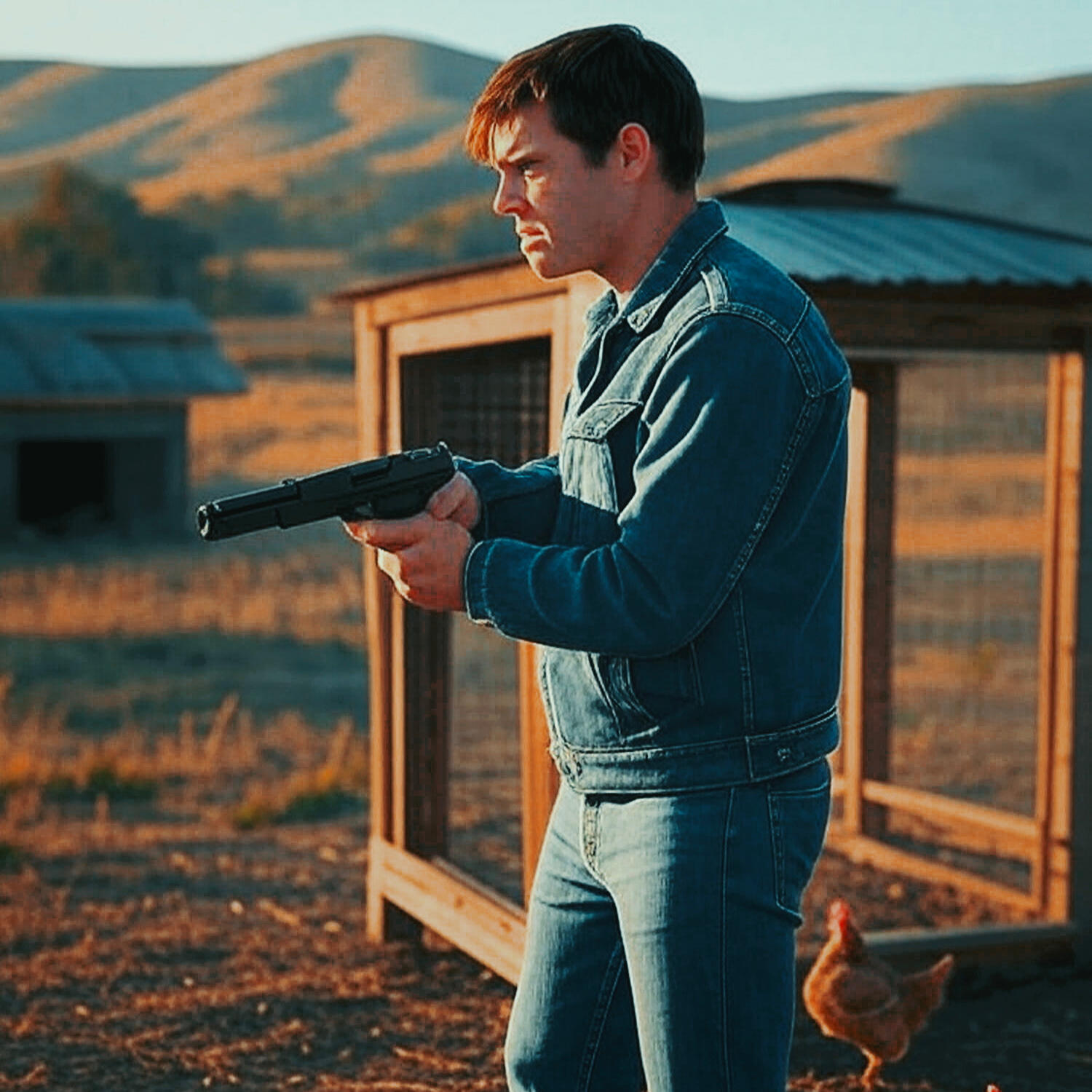 Surfing the Interstates Chapter 9 - Target Practice: Young man in denim jacket aiming handgun at chicken coop in golden California light, chickens in foreground. When a friend's dark prophecy and firearms shatter the illusion of countercultural safety in 1