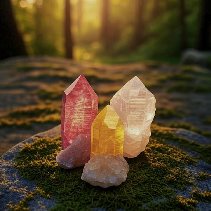 Surfing the Interstates Chapter 12 - Love Through Stone: Three translucent crystal points in rose, golden, and clear quartz on moss-covered stone in misty forest light. Big Bend canyon's fasting vision delivers prophecy of water and a woman who moves like