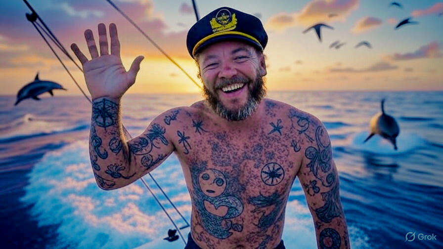 Surfing the Interstates Chapter 13 - The Ocean Don't Lie: Tattooed bearded man in captain's hat waving from boat at sunset, dolphins leaping through ocean waves. The road's ultimate lesson reveals itself in salt spray and tides—this hitchhiker needs the se