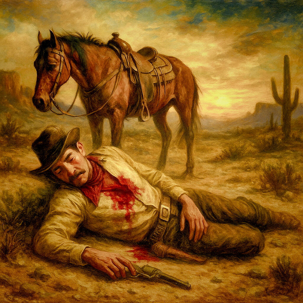 Surfing the Interstates Chapter 14 - Out in the West Texas Town of El Paso: Wounded cowboy lying in Texas desert sand with saddled horse standing nearby, saguaro cactus at golden sunset. Border town respite where Marty Robbins' ballad echoes through a hitc