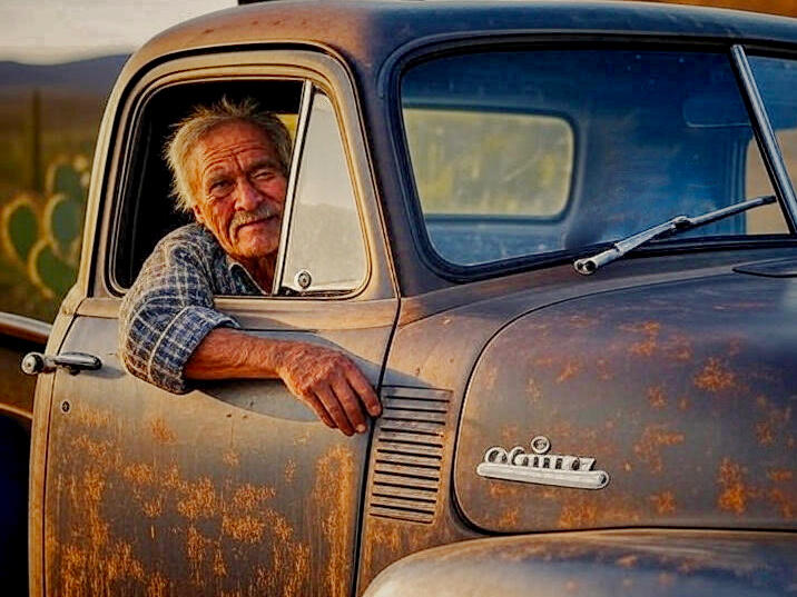 Surfing the Interstates Chapter 15 - The Descending Dark: Weathered older man in plaid shirt gazing from rusty vintage Willys pickup truck window at dusk. Night falls on the American road as a friend's prophecy comes true in ways no one could prevent in 19
